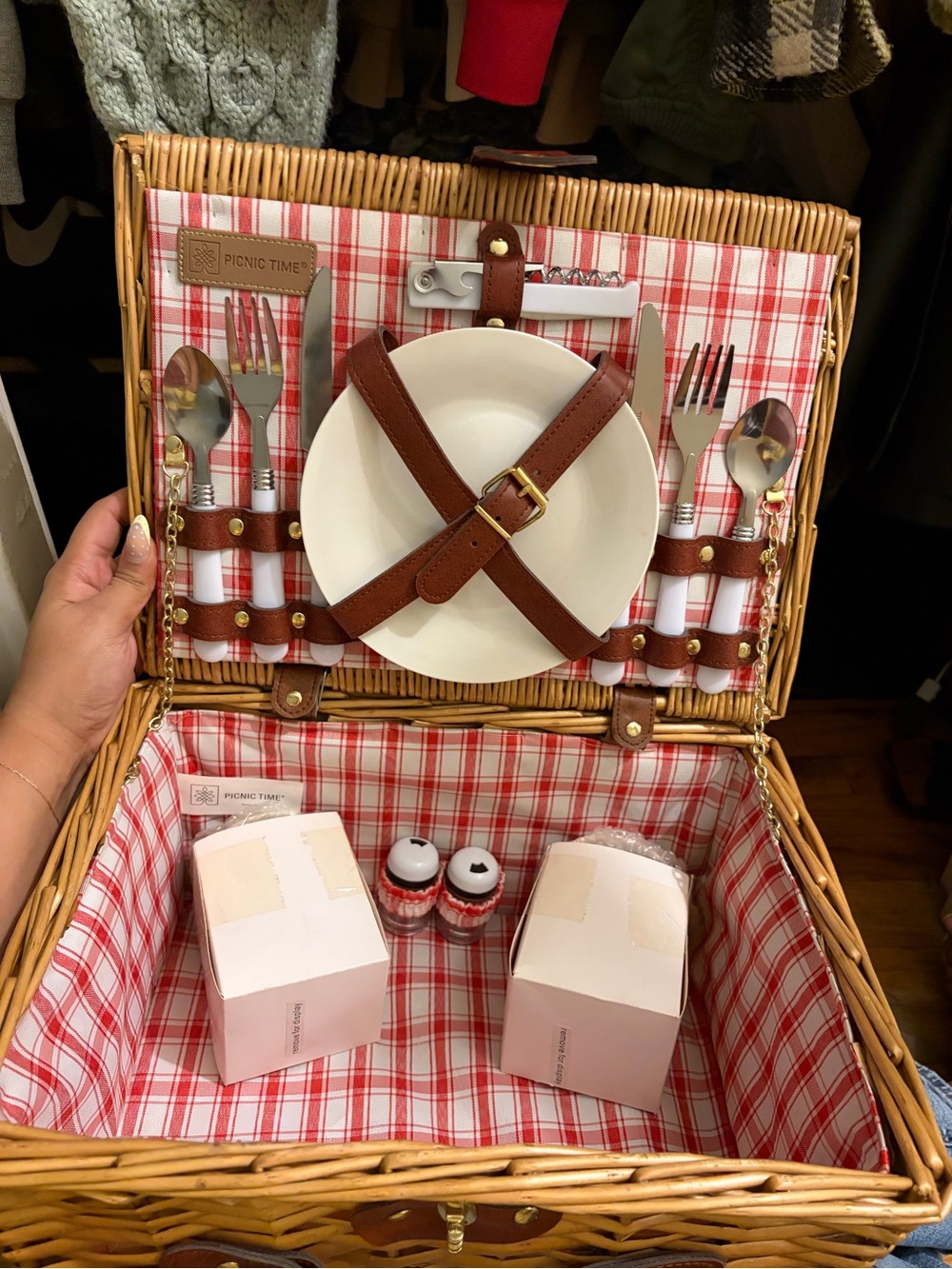 Red Plaid Wicker Picnic Basket Set
